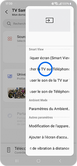 Sélection de l’option Afficher la TV sur Téléphone sur l'application SmartThings