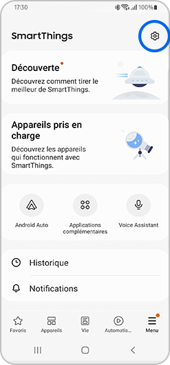 Sélection des paramètres de l'application SmartThings