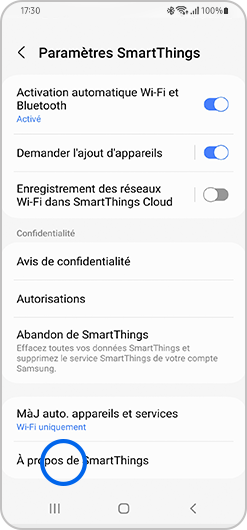 Sélection de la rubrique À propos de SmartThings