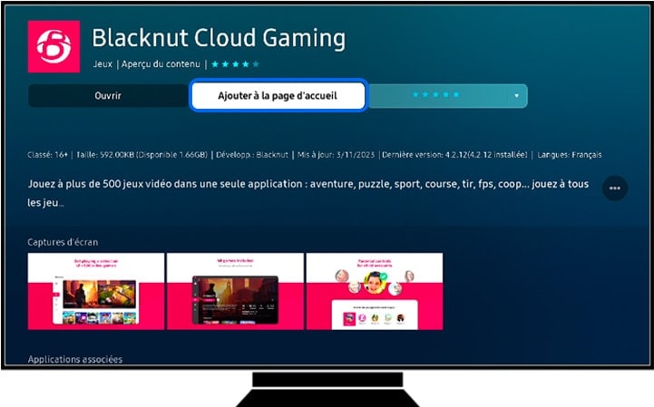 Ajout de l’application Ina Blacknut sur la page d'accueil d'un téléviseur Samsung