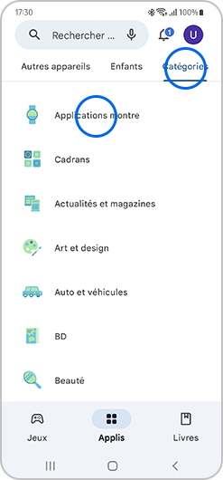 Sélection des Applications montre du Google Play Store sur un smartphone Samsung