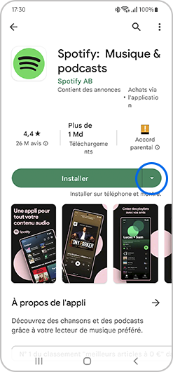 Aperçu de l'application Spotify dans le Play Store sur un smartphone Samsung