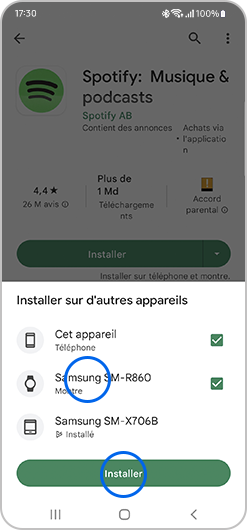Sélection des appareils sur lesquels installer l'application Spotify depuis le Play Store