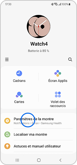 Sélection de Paramètres de la montre dans l'application Galaxy Wearable d'un smartphone Samsung