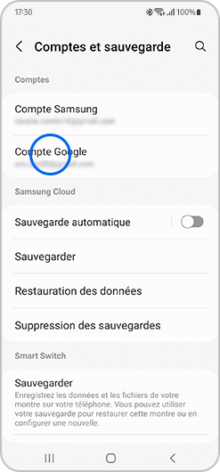 Sélection de Compte Google dans l'application Galaxy Wearable d'un smartphone Samsung