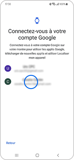 Ajout d'un compte Google via l'application Galaxy Wearable d'un smartphone Samsung