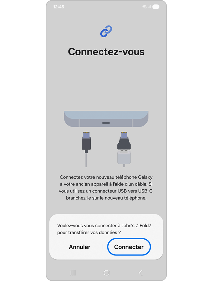 Se connecter au nouvel appareil avec un câble USB