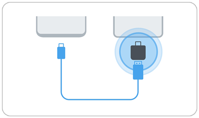 Image montrant comment connecter deux appareils Galaxy par câble USB et un adaptateur de port
