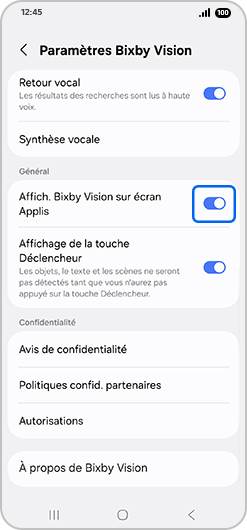 Activer le commutateur pour que Bixby Vision apparaisse sur l’écran des applications