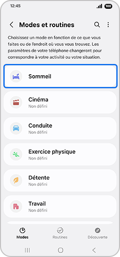 Choisir Sommeil comme Modes et routines