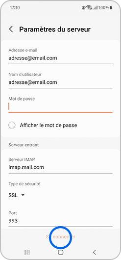 Configuration manuelle des paramètres du serveur d'un compte de messagerie sur l'application E-mail de Samsung