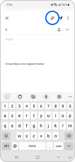 Sélection de l'icône Pièce jointe d'un message sur l'application E-mail de Samsung