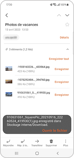 Téléchargement d'une pièce jointe depuis l'application E-mail de Samsung