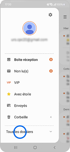 Aperçu du menu de la boîte de réception d'une adresse de messagerie sur l'application E-mail de Samsung