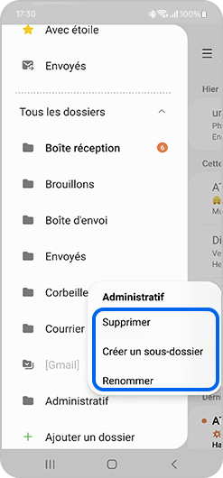Suppression d'un dossier à la boîte de réception d'une adresse de messagerie sur l'application E-mail de Samsung