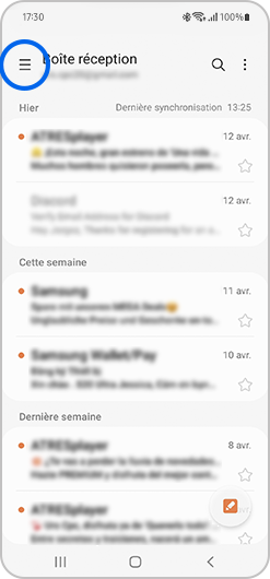 Boîte de réception d'une adresse de messagerie sur l'application E-mail de Samsung