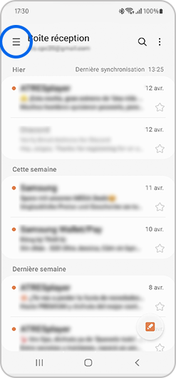 Boîte de réception d'une adresse de messagerie sur l'application E-mail de Samsung