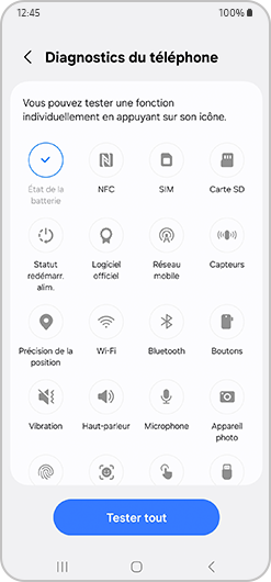Image montrant toutes les fonctionnalités d’un smartphone Galaxy et un bouton permettant de les tester