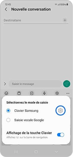 Icône Paramètres entourée d’un carré bleu sur un écran de téléphone Samsung