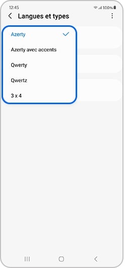 Menu déroulant des modes de saisie entouré d’un carré bleu sur un écran de téléphone Samsung