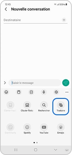 Bouton Traduire entouré d’un carré bleu sur un écran de téléphone Samsung