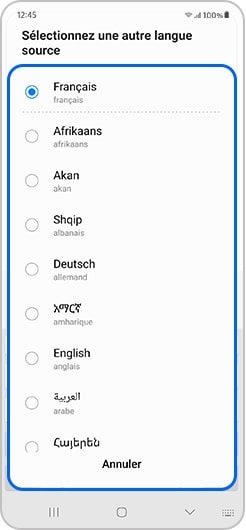 Liste des options de langue source et de langue cible entourées d’un carré bleu sur un écran de téléphone Samsung