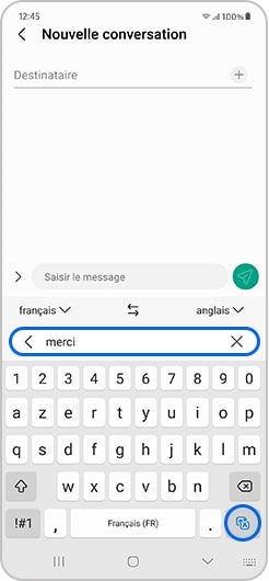 Icône Traduire entourée d’un carré bleu sur un écran de téléphone Samsung