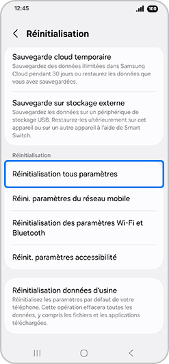 Écran d’accueil du menu de réinitialisation d’un Samsung Galaxy