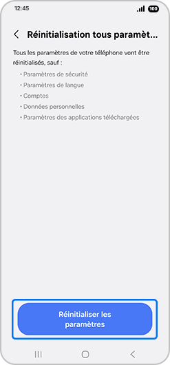 Écran d’accueil du menu de réinitialisation des paramètres du réseau mobile d’un Samsung Galaxy