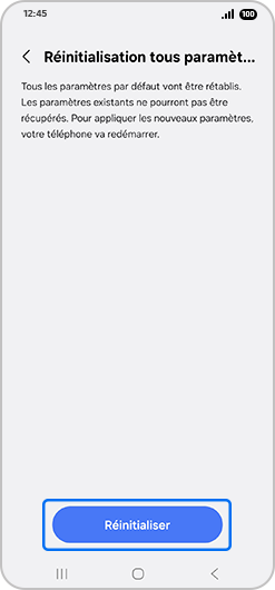 Écran d’accueil du menu de réinitialisation des paramètres du réseau mobile d’un Samsung Galaxy