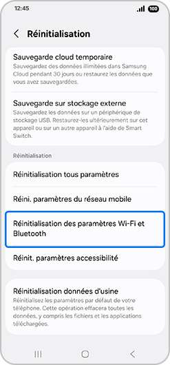 Écran d’accueil du menu de réinitialisation d’un Samsung Galaxy
