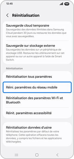 Écran d’accueil du menu de réinitialisation d’un Samsung Galaxy