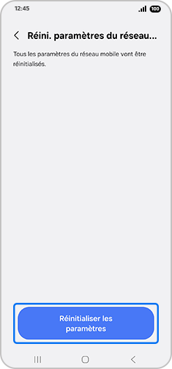 Écran d’accueil du menu de réinitialisation des paramètres du réseau mobile d’un Samsung Galaxy