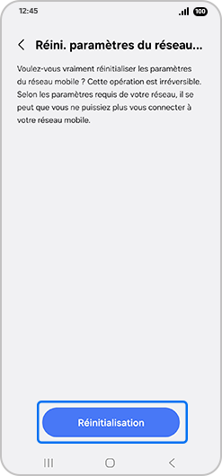 Écran d’accueil du menu de réinitialisation des paramètres du réseau mobile d’un Samsung Galaxy