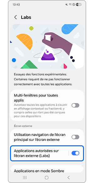Activation de l'autorisation des applications sur l'écran externe
