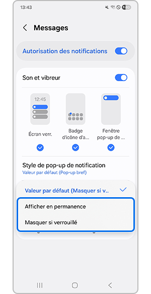 Touchez Afficher en permanence ou Masquer si verrouillé