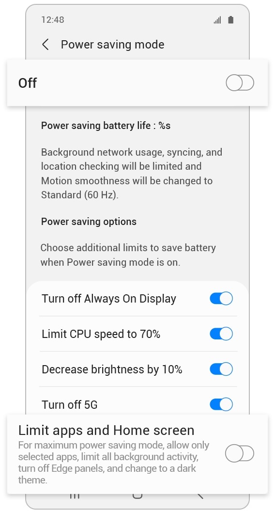 Activer Limitation applis et écran accueil et désactiver le mode Économie énergie