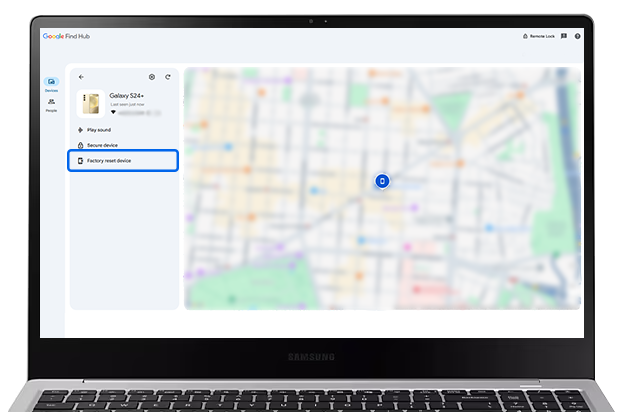 Image montrant la localisation du smartphone et le terme anglais Factory reset device en surbrillance