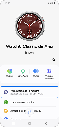 Appuyer sur Paramètres de la montre