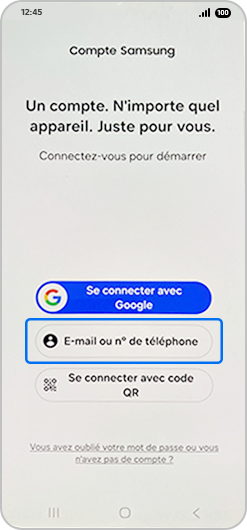 Écran de connexion à un compte Samsung