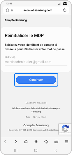 Écran d'accueil de réinitialisation du MDP