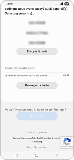 Écran de vérification du numéro de téléphone associé à un compte Samsung