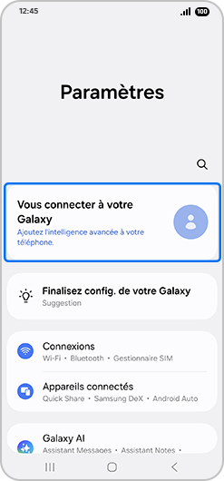 Écran du menu des paramètres sur un appareil Samsung Galaxy