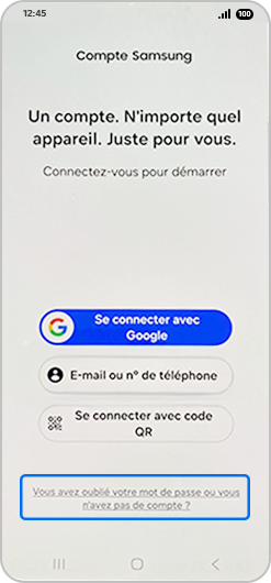 Écran de connexion à un compte Samsung