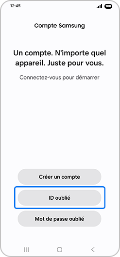 Écran de récupération des identifiants oubliés d’un compte Samsung
