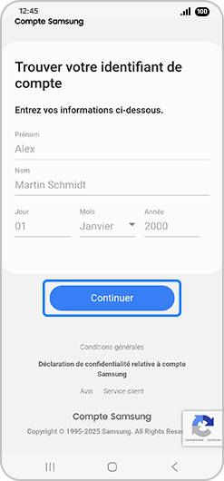 Écran d’accueil de la récupération d'identifiant avec Continuer en surbrillance
