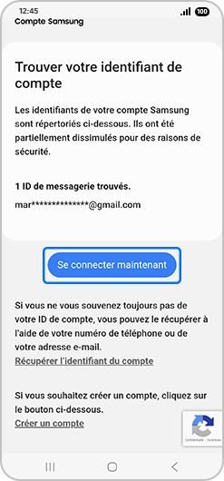 Écran d’accueil de la récupération d'identifiant avec Se connecter maintenant en surbrillance