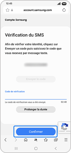 Écran de vérification du SMS pour la récupération d’un compte Samsung