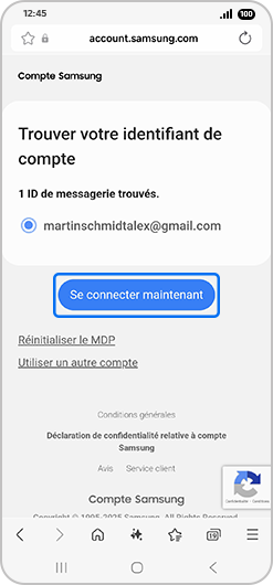 Écran de récupération de l'identifiant d’un compte Samsung