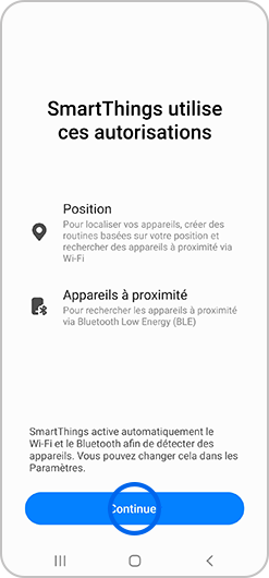 Aperçu des autorisations requises par l'application SmartThings sur un smartphone Galaxy